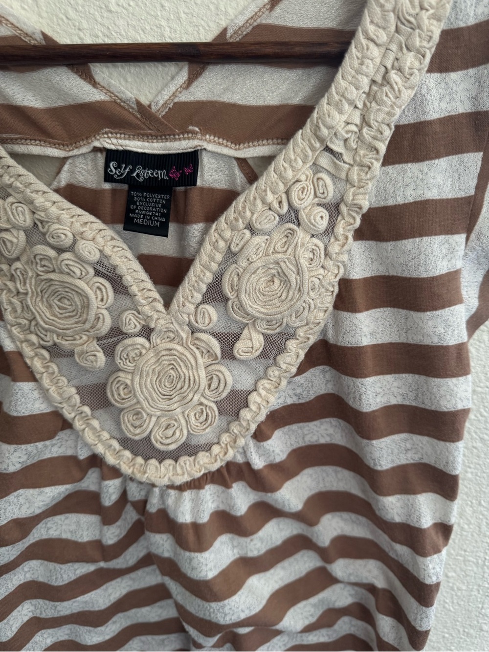 Self Esteem Brown & Cream Striped Tank with Embroidered V-Neck